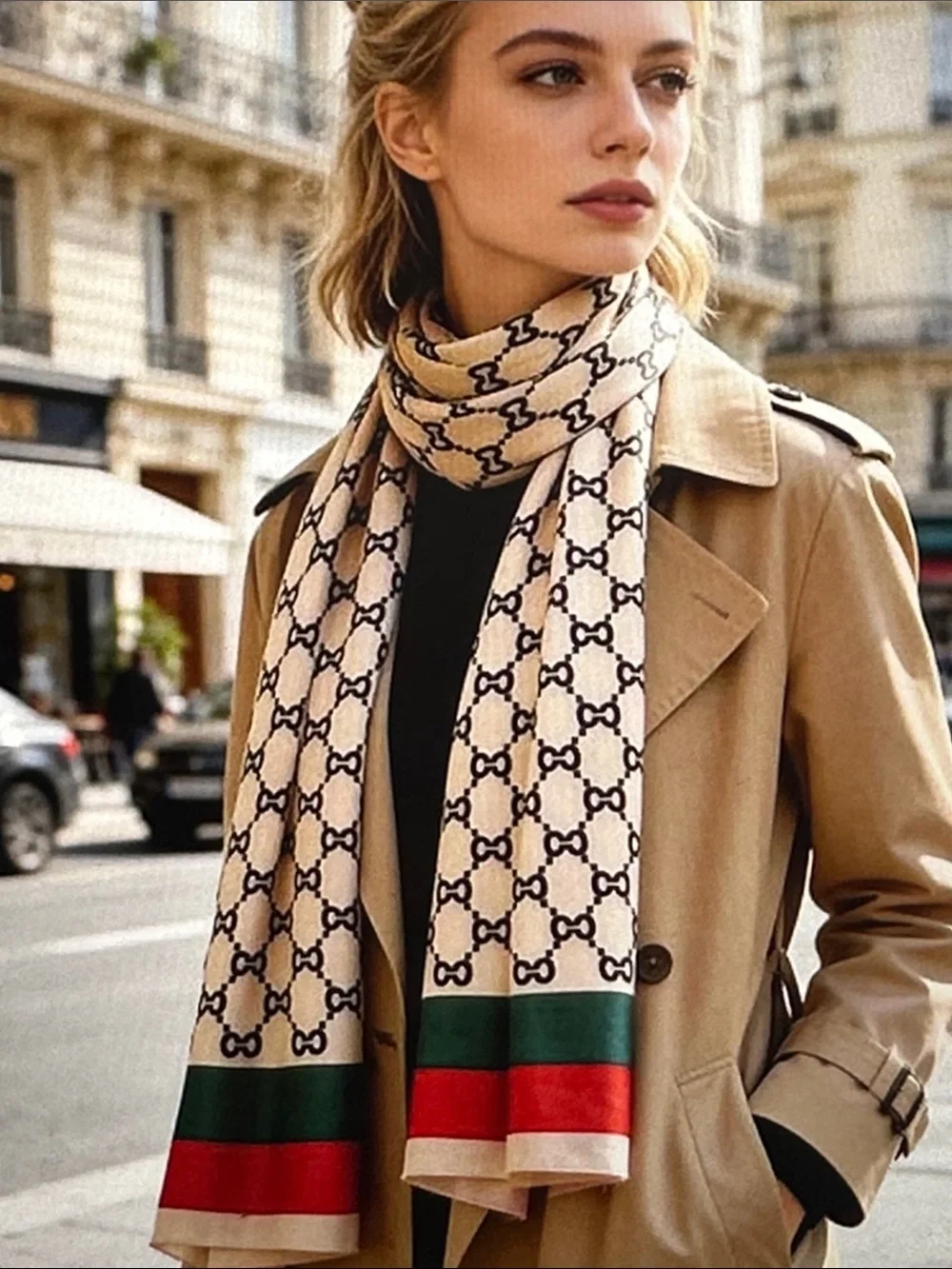 Designer-Inspired Beige Patterned Scarf with Green & Red Trim